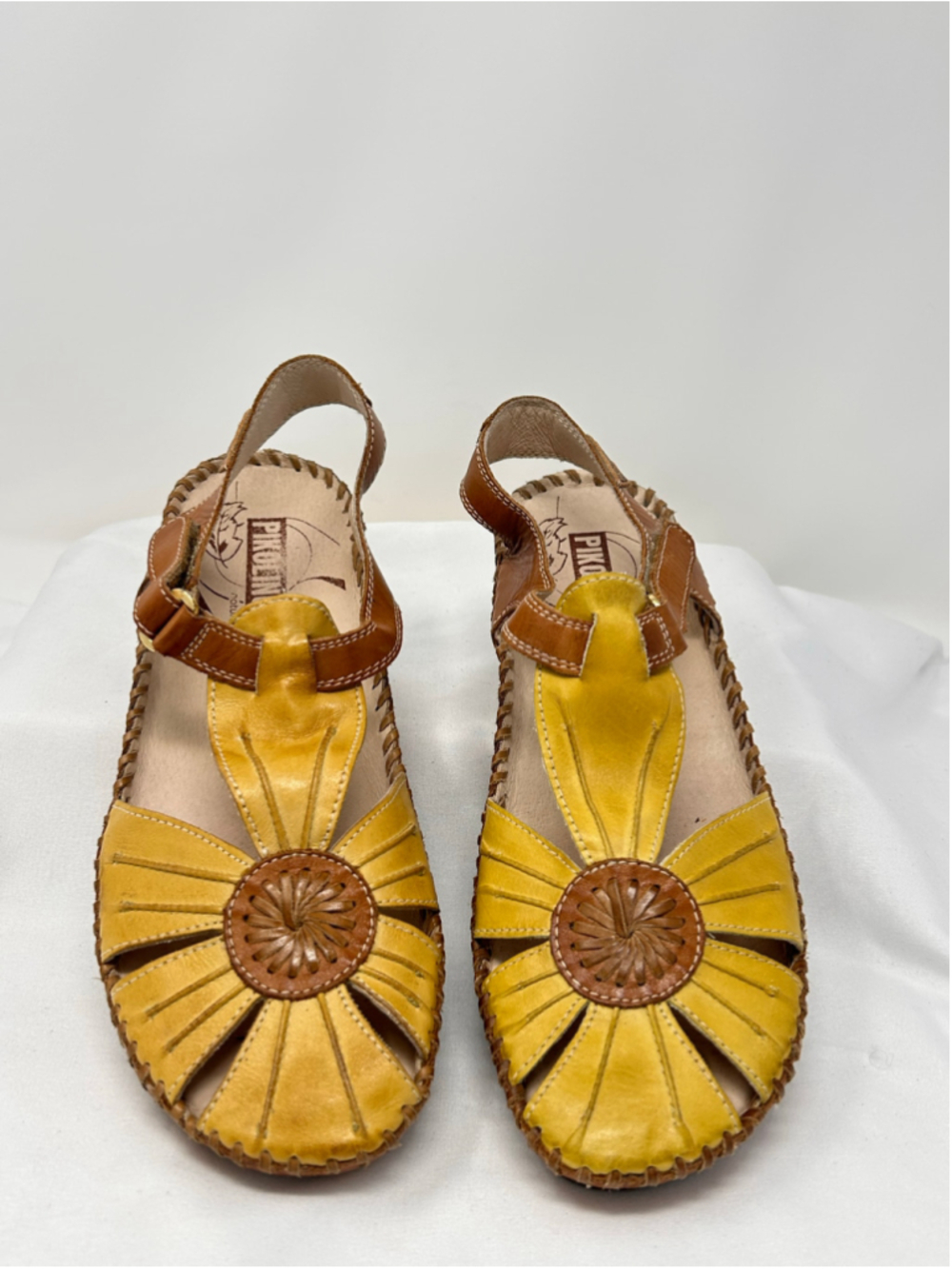 Pikolinos Leather T-Strap Sandals Yellow Tan Floral Size 41 EU